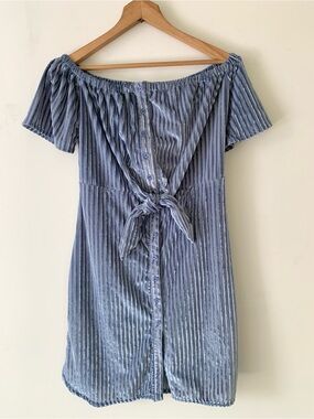 Off-Shoulder Blue Striped Velour Button-Front Tie-Waist Dress